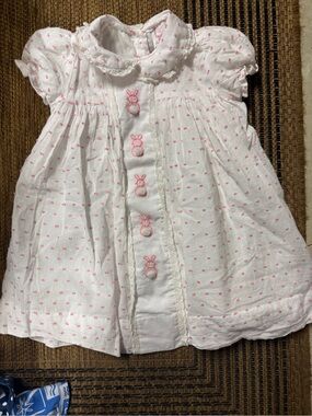 White and Pink Baby Dress with Embroidered Bunny Buttons
